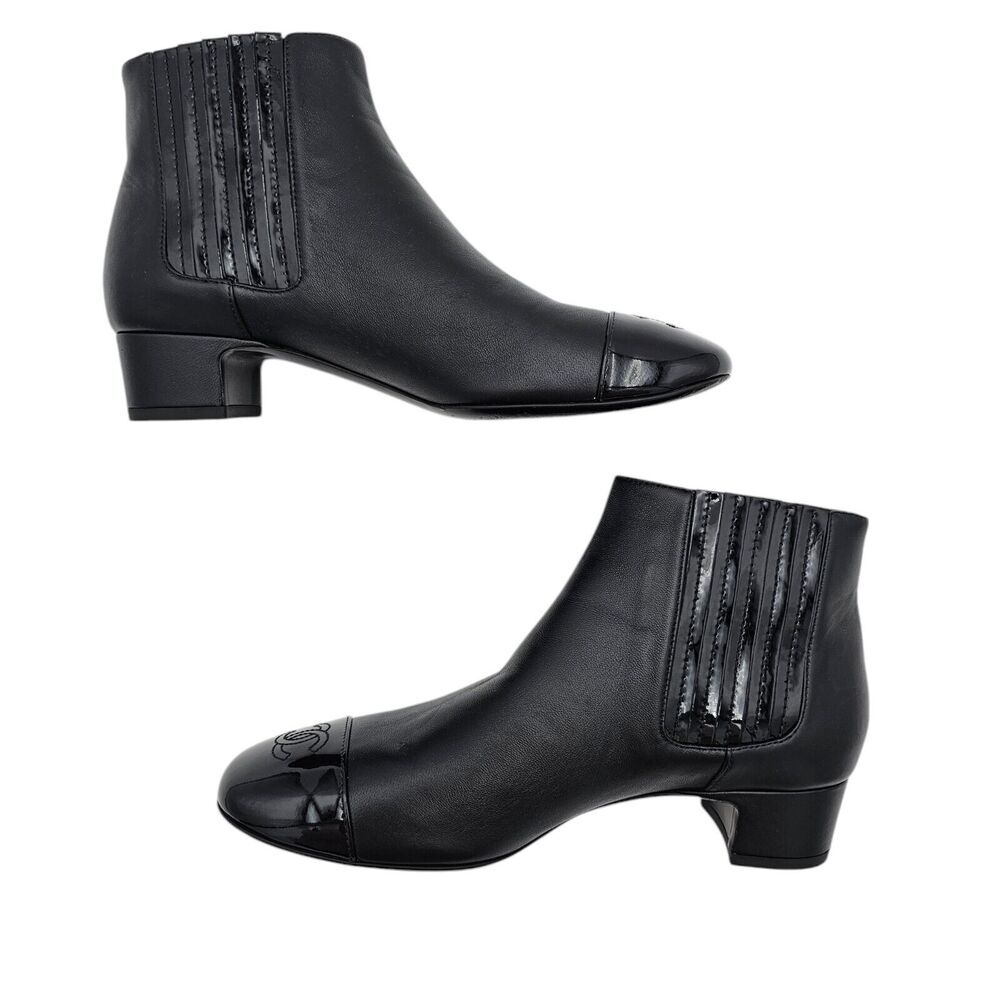 Chanel CC Cap Toe Size 36.5 US 5.5 6 Calfskin Black Leather Ankle Slip On Boots - Picture 6 of 10